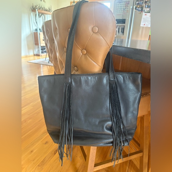 Lucky Brand Black Leather Tote Bag with Fringe - Picture 1 of 6